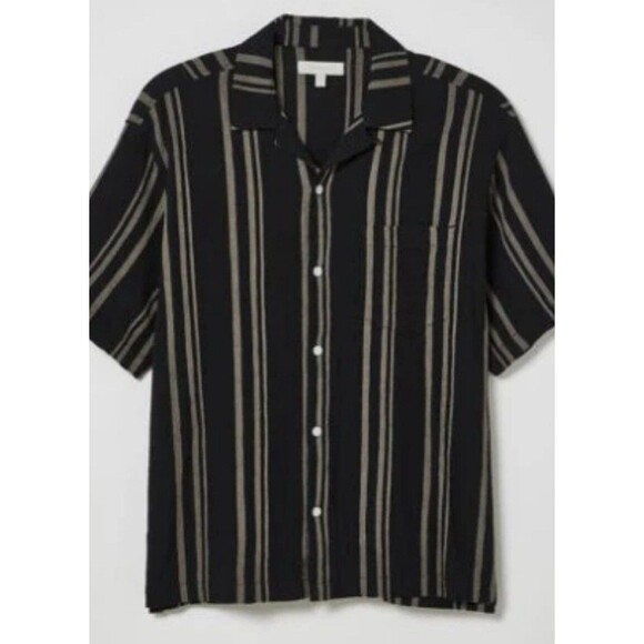 Standard Cloth Button Down Shirt Mens Small Petite Black Liam Stripe Crinkle - Picture 1 of 15